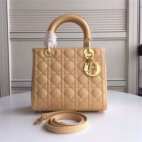 Christian Dior Lady Dior Medium Patent Leather Quilted Bag-Gold Hardware Beige