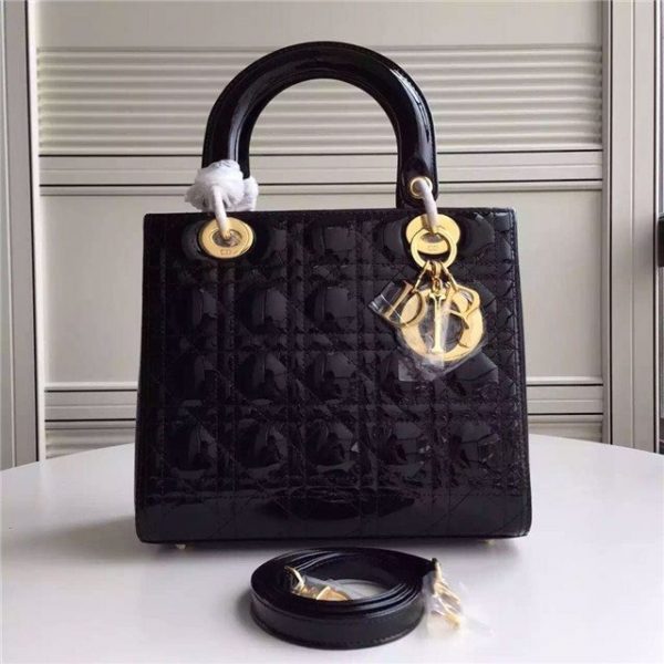 Christian Dior Lady Dior Medium Patent Leather Quilted Bag-Gold Hardware Black
