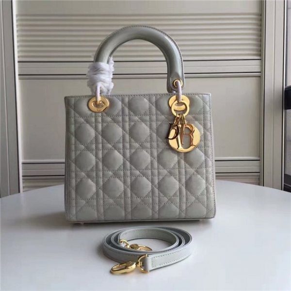 Christian Dior Lady Dior Medium Patent Leather Quilted Bag-Gold Hardware Grey