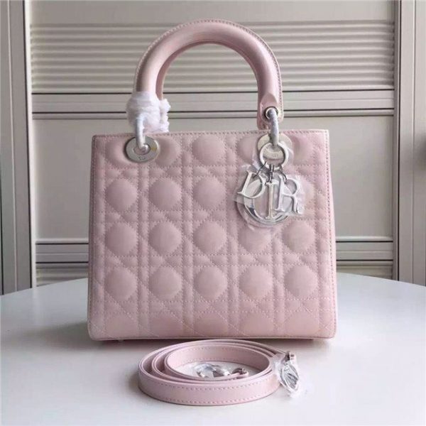 Christian Dior Lady Dior Medium Patent Leather Quilted Bag-Silver Hardware Pink