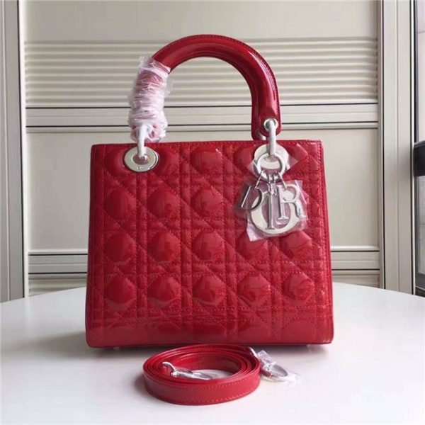 Christian Dior Lady Dior Medium Patent Leather Quilted Bag-Silver Hardware Red