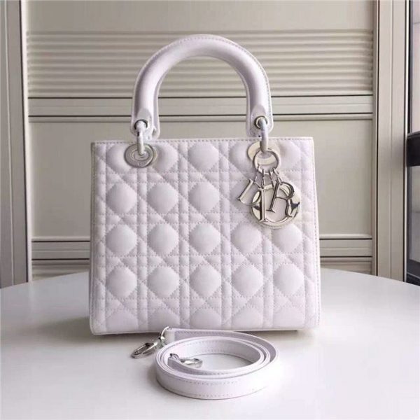 Christian Dior Lady Dior Medium Patent Leather Quilted Bag-Silver Hardware White