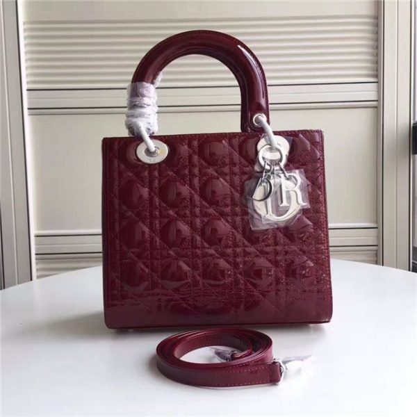 Christian Dior Lady Dior Medium Patent Leather Quilted Bag-Silver Hardware Wine
