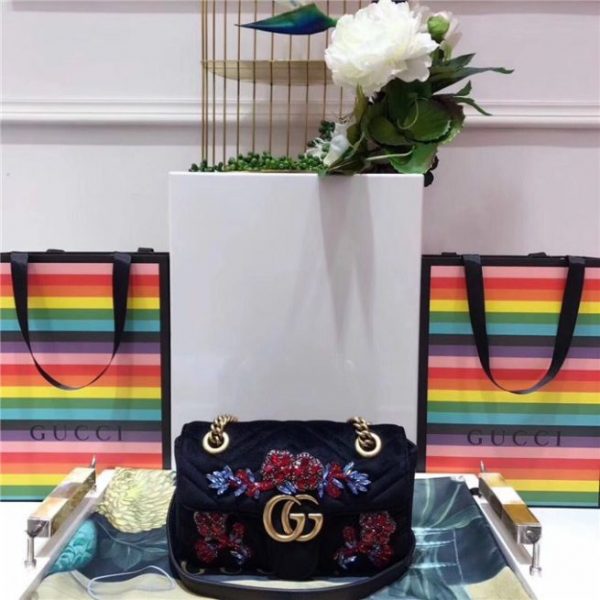 Gucci GG Marmont Embroidered Velvet Mini Bag Crystal Embroidered Flower Black