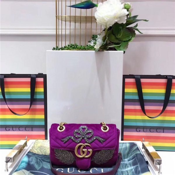 Gucci GG Marmont Embroidered Velvet Mini Bag Crystal Embroidered Flower Bordeaux