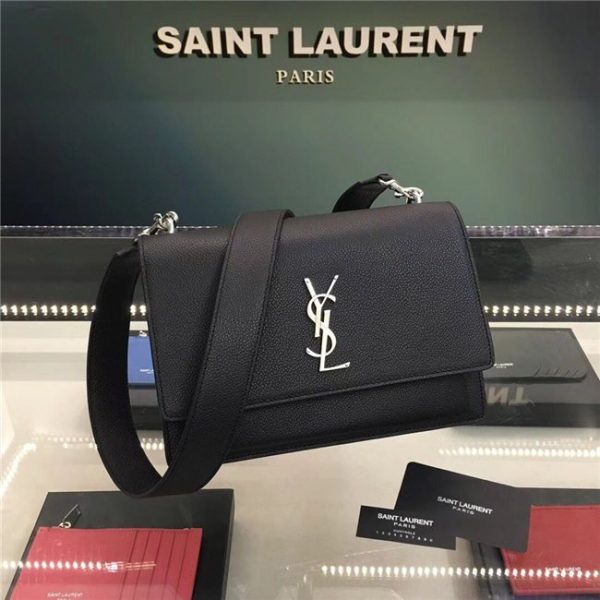 Yves Saint Laurent Medium Sunset Satchel Grained Leather Black