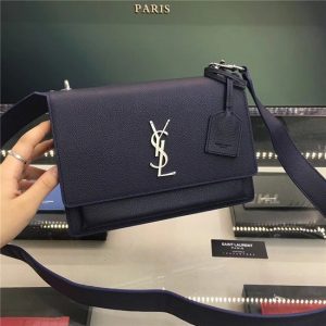 Yves Saint Laurent Medium Sunset Satchel Grained Leather Navy