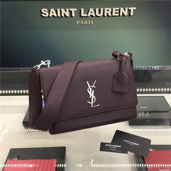 Yves Saint Laurent Medium Sunset Satchel Grained Leather Wine