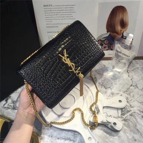 Yves Saint Laurent Medium Kate Tassel Chain Bag Crocodile Embossed Shiny Leather Black/Gold