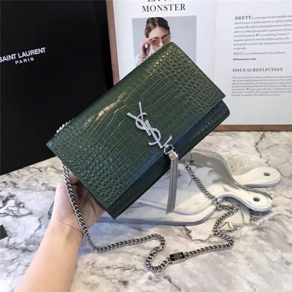 Yves Saint Laurent Medium Kate Tassel Chain Bag Crocodile Embossed Shiny Leather Dark Green