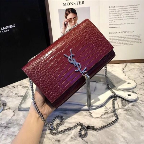 Yves Saint Laurent Medium Kate Tassel Chain Bag Crocodile Embossed Shiny Leather Dark Red/Silver
