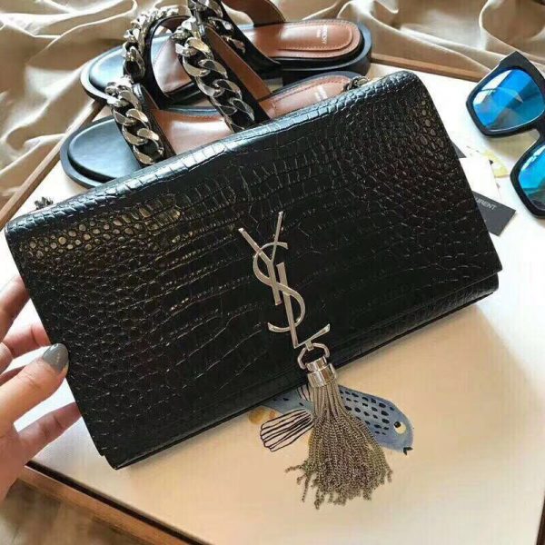 Yves Saint Laurent Medium Kate Tassel Chain Bag Crocodile Embossed Shiny Leather Black