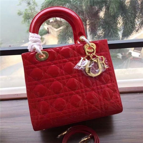 Christian Dior Lady Dior Medium Patent Leather Quilted Bag-Gold Hardware Red