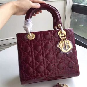 Christian Dior Lady Dior Medium Patent Leather Quilted Bag-Gold Hardware Wine