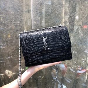 Yves Saint Laurent Sunset Medium Monogram Crocodile Embossed Shiny Leather Black/Silver