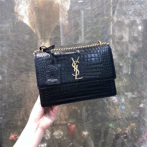 Yves Saint Laurent Sunset Medium Monogram Crocodile Embossed Shiny Leather Black/Gold