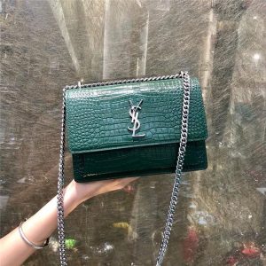Yves Saint Laurent Sunset Medium Monogram Crocodile Embossed Shiny Leather Green