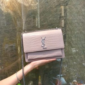 Yves Saint Laurent Sunset Medium Monogram Crocodile Embossed Shiny Leather Pink