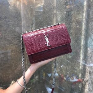 Yves Saint Laurent Sunset Medium Monogram Crocodile Embossed Shiny Leather Wine