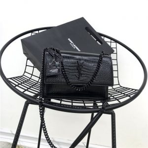 Yves Saint Laurent Sunset Medium Monogram Crocodile Embossed Shiny Leather Black/Black