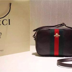 Gucci Leather Web Bee Shoulder Bag Dark Brown