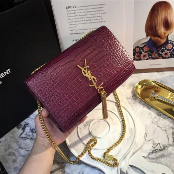 Yves Saint Laurent Medium Kate Tassel Chain Bag Crocodile Embossed Shiny Leather Dark Red/Gold