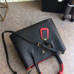 Prada Double Textured-leather Tote Replicas Black/Red